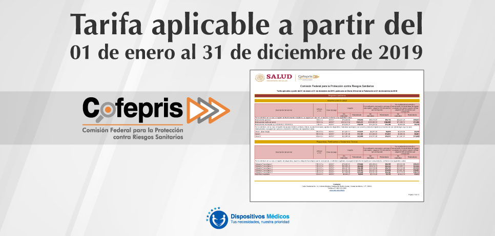 COFEPRIS |  Tarifa aplicable a partir del 01 de enero al 31 de diciembre de 2019