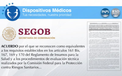 ACUERDO por el que se reconocen como equivalentes a los requisitos establecidos en los artículos 161 Bis, 167, 169 y 170 del Reglamento de Insumos para la Salud y a los procedimientos de evaluación técnica realizados por la Comisión Federal para la Protección contra Riesgos Sanitarios.
