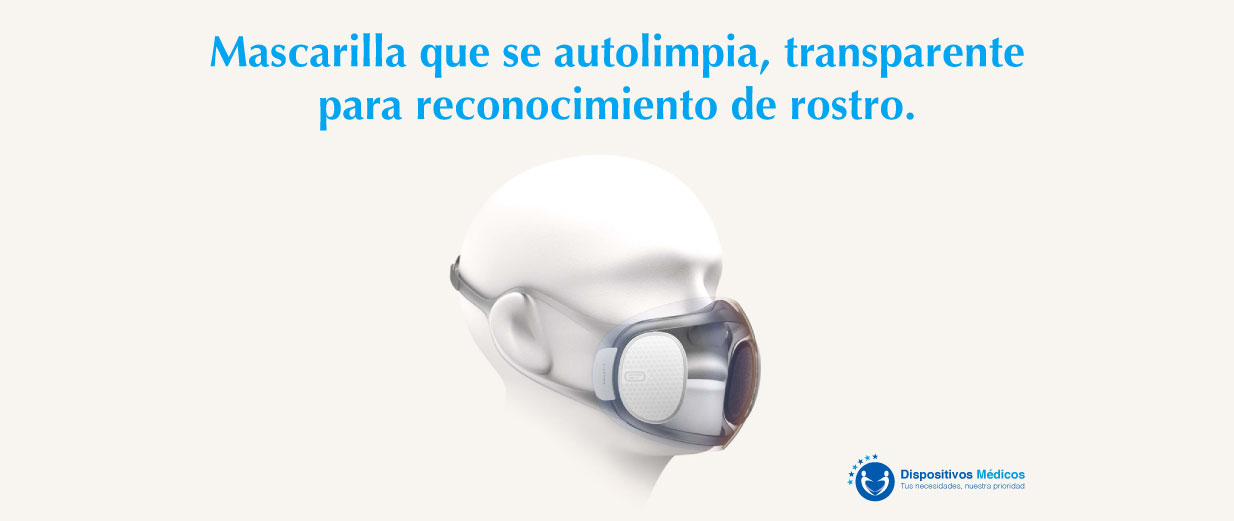 Mascarilla que se autolimpia, transparente para reconocimiento de rostro.